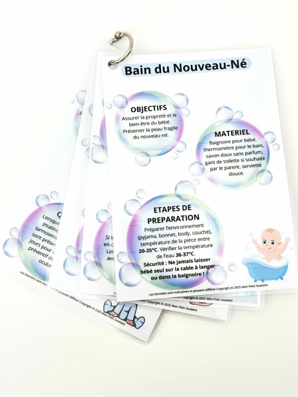 Fiches plastifiées de révision pour auxiliaires de puériculture sur les soins d’hygiène, incluant la fiche “Bain du Nouveau-Né” avec objectifs, matériel et étapes.