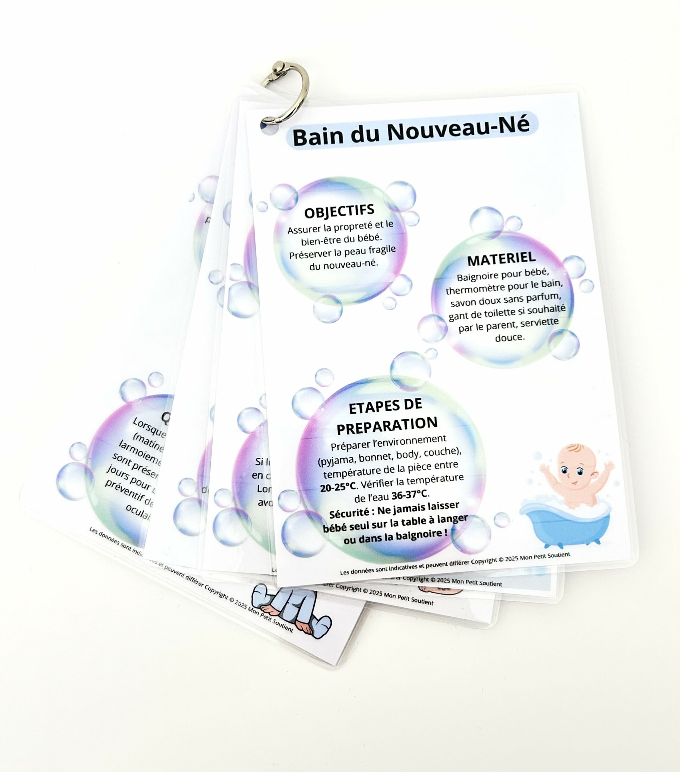 Kit-hygiene Fiches plastifiées de révision pour auxiliaires de puériculture sur les soins d’hygiène, incluant la fiche “Bain du Nouveau-Né” avec objectifs, matériel et étapes.