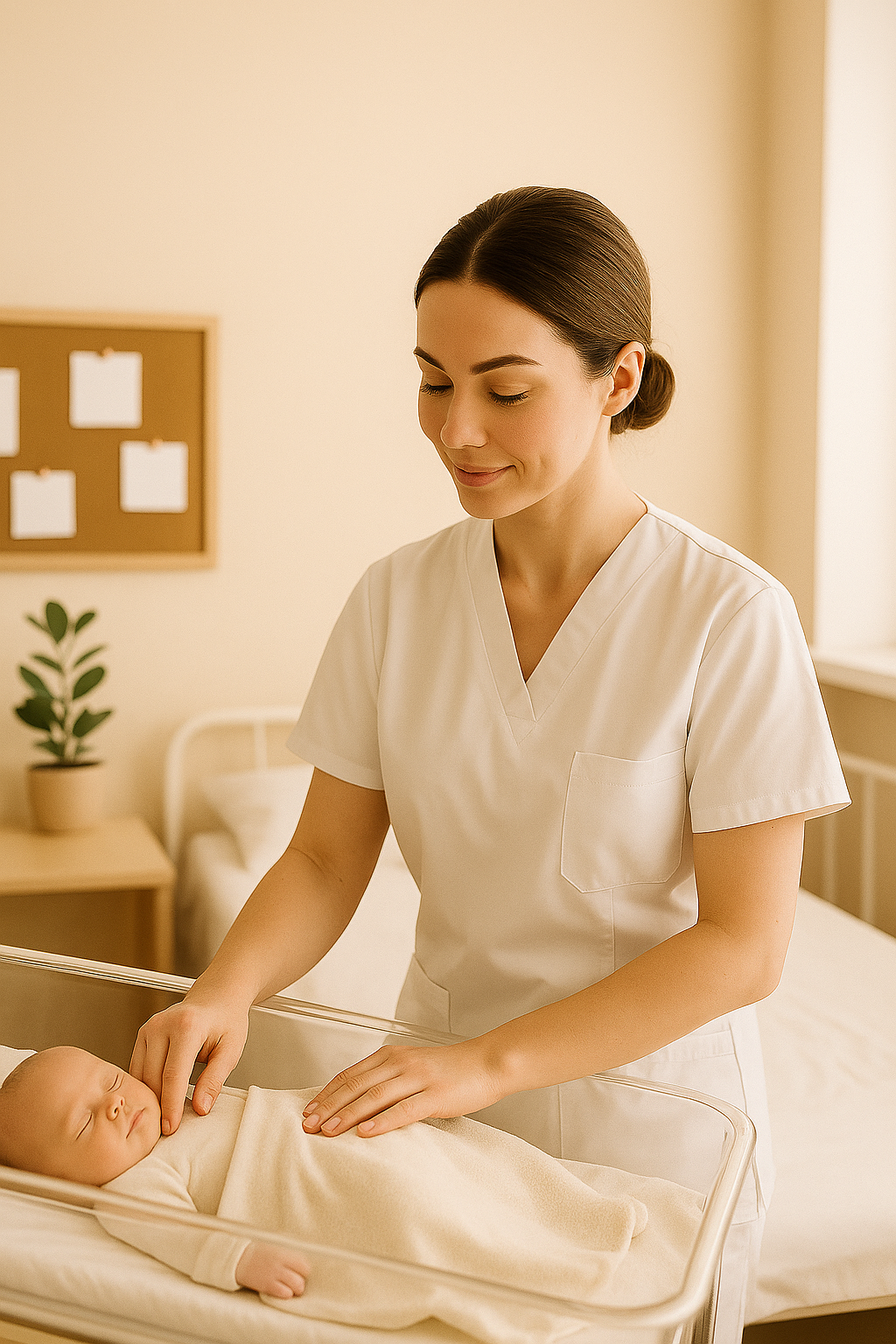 Auxiliaire de puériculture au travail, apportant soin et accompagnement dans une ambiance douce et professionnelle.