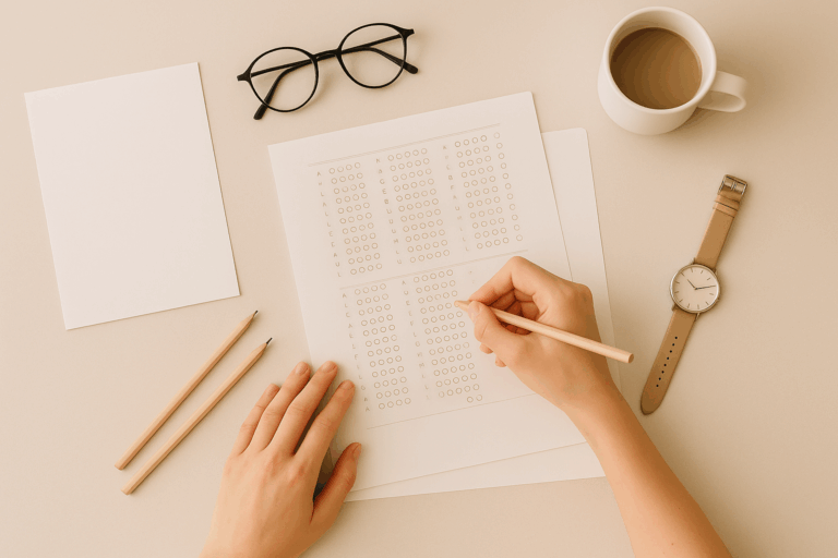 Vue neutre d’un bureau avec feuilles vierges, stylos et accessoires, symbolisant la préparation à l’examen d’entrée en formation d’auxiliaire de puériculture.