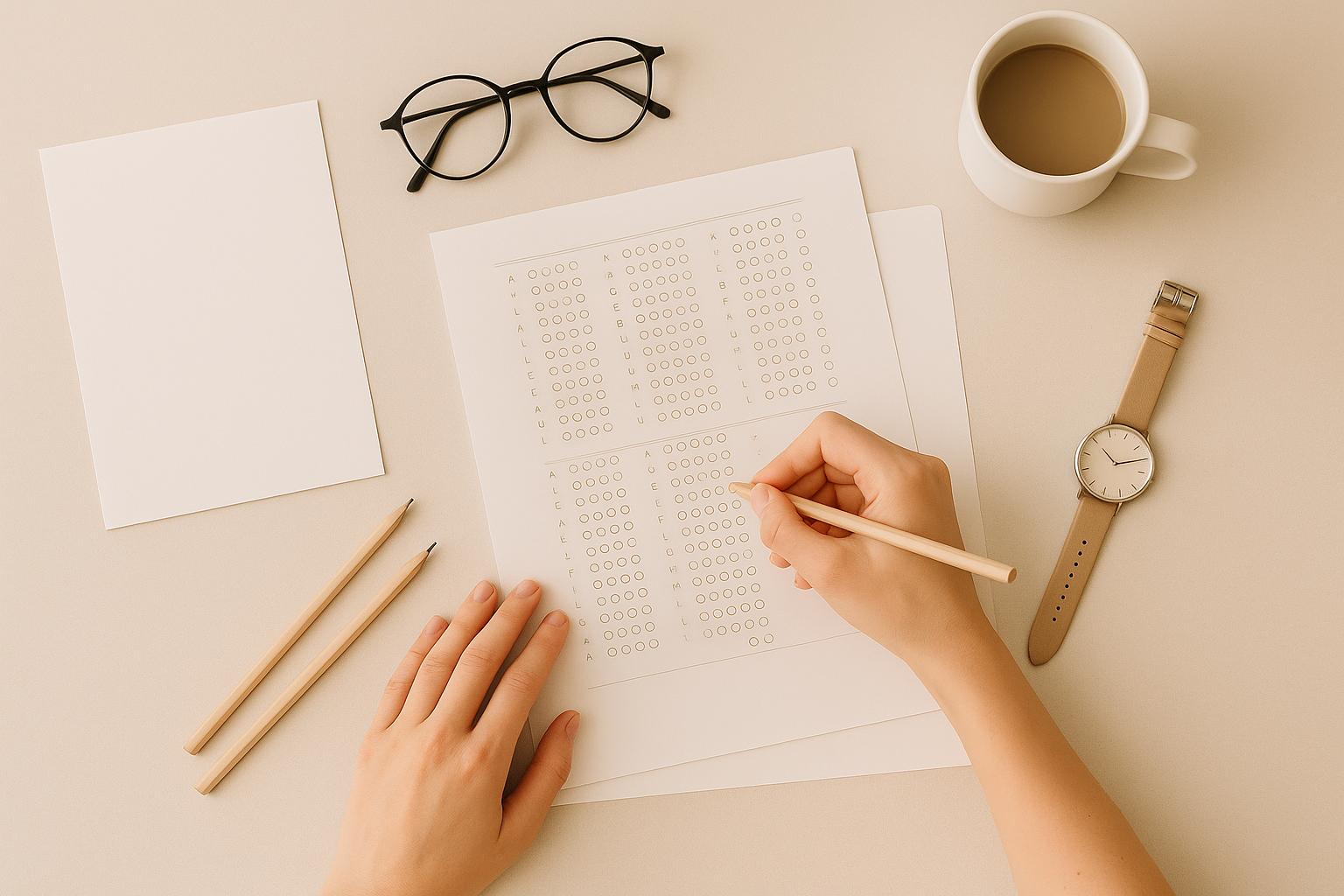 Vue neutre d’un bureau avec feuilles vierges, stylos et accessoires, symbolisant la préparation à l’examen d’entrée en formation d’auxiliaire de puériculture.
