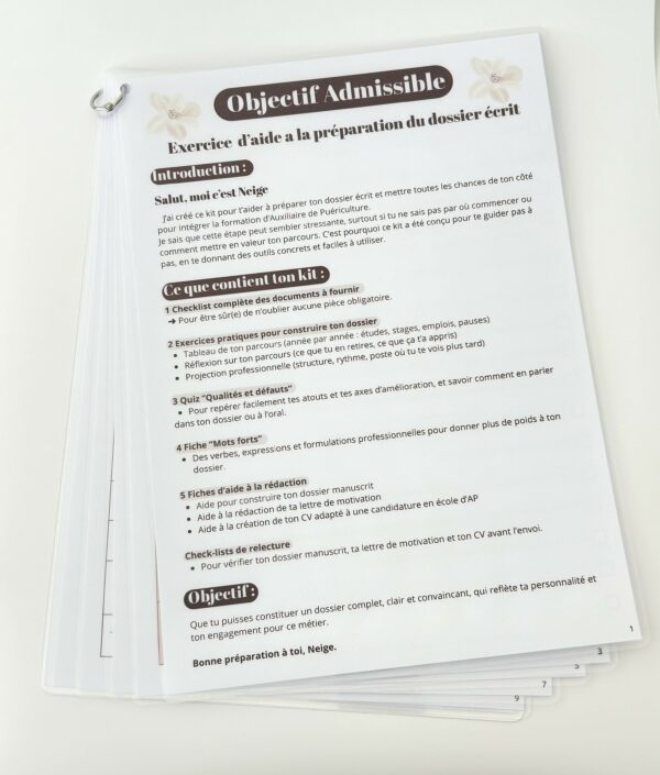 kit-ecrit-dossier-admission-auxiliaire-puericulture Fiches plastifiées du kit Objectif Admissible pour préparer le dossier écrit d’admission en école d’auxiliaire de puériculture.