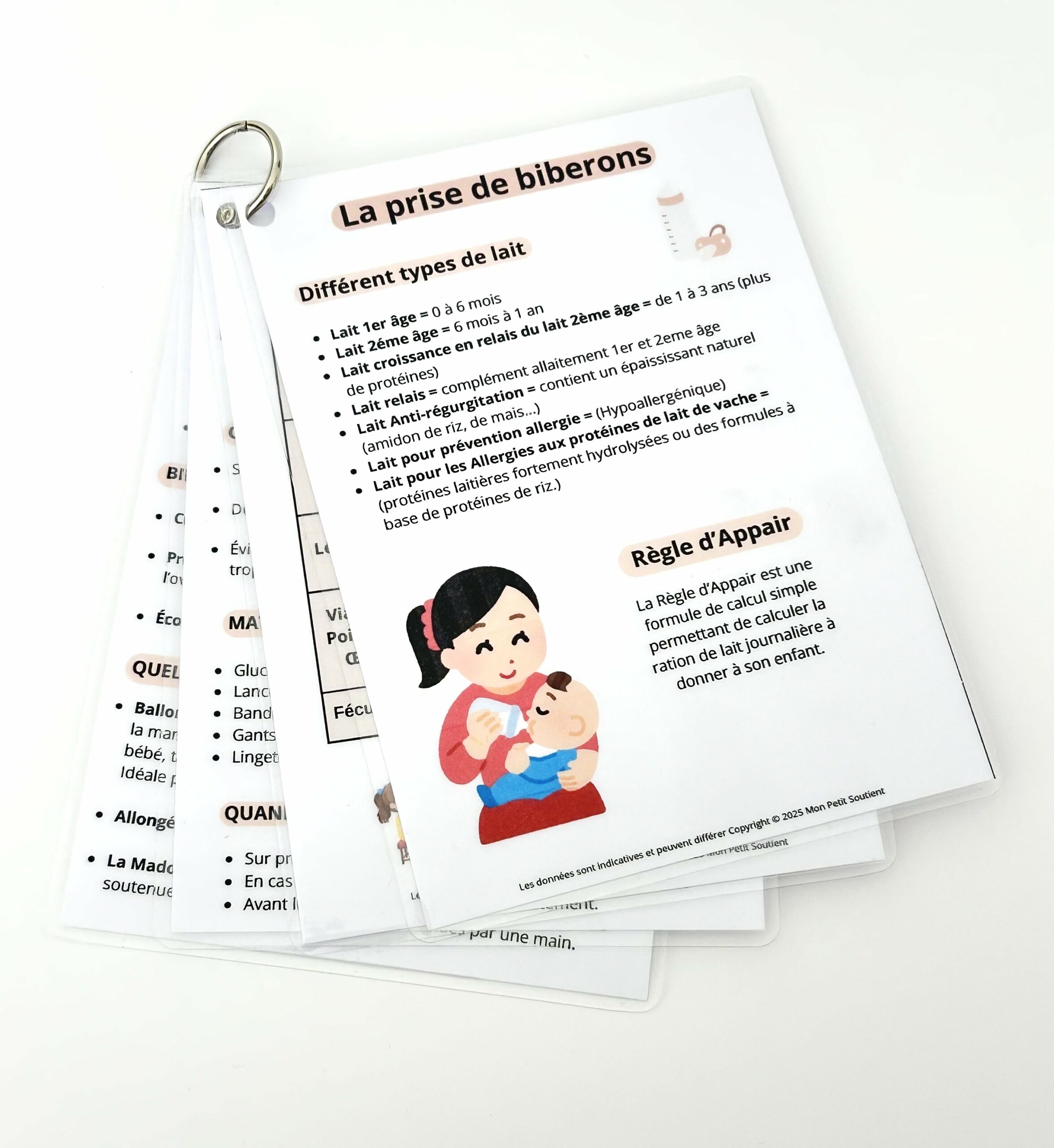 kit-nutrition-bebe-biberon-auxiliaire-puericulture Fiches plastifiées de révision pour auxiliaires de puériculture sur la nutrition infantile, avec une fiche dédiée à la prise de biberons et aux différents types de lait.