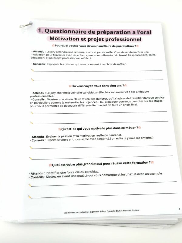 Fiches de préparation à l’entretien oral d’admission en école d’auxiliaire de puériculture, avec exemples de questions et conseils de réponse.