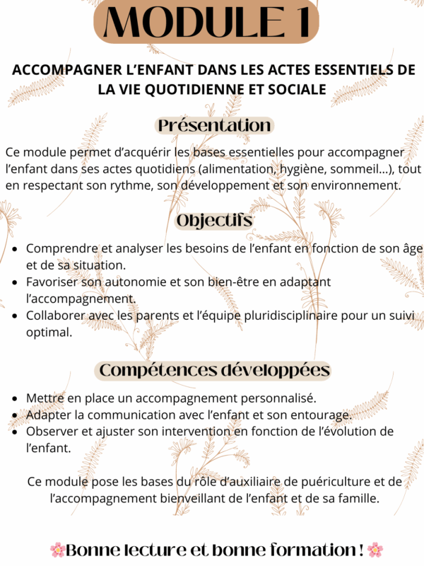Fiche de révision du Module 1 pour auxiliaires de puériculture : accompagnement de l’enfant dans les actes essentiels de la vie quotidienne et sociale.