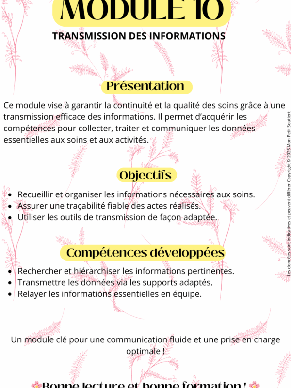 Fiche de révision du Module 10 pour auxiliaires de puériculture : travail en équipe pluri-professionnelle, qualité des transmissions et gestion des risques.