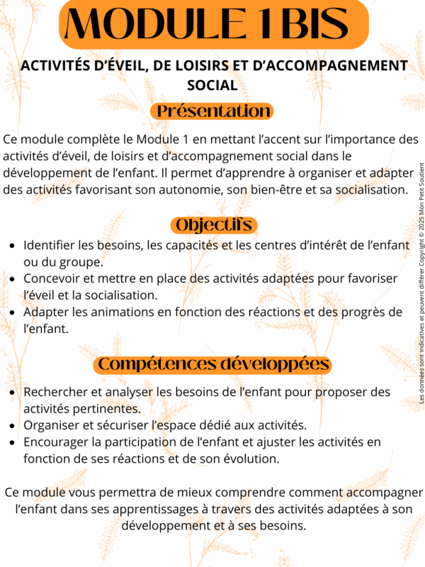 Fiche de révision du Module 1 bis pour auxiliaires de puériculture : activités d’éveil, de loisirs, d’éducation et d’accompagnement social.