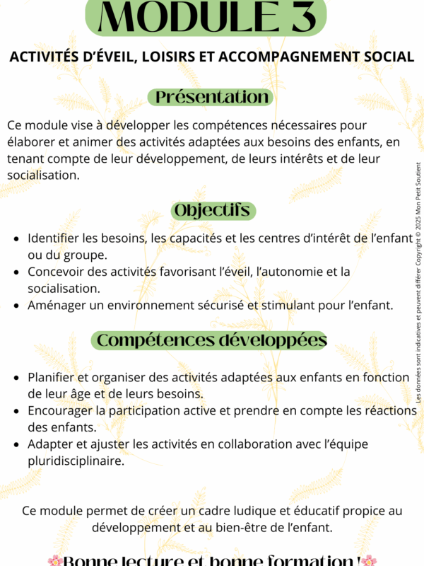 Fiche de révision du Module 3 pour auxiliaires de puériculture : activités d’éveil, de loisirs et d’accompagnement social.