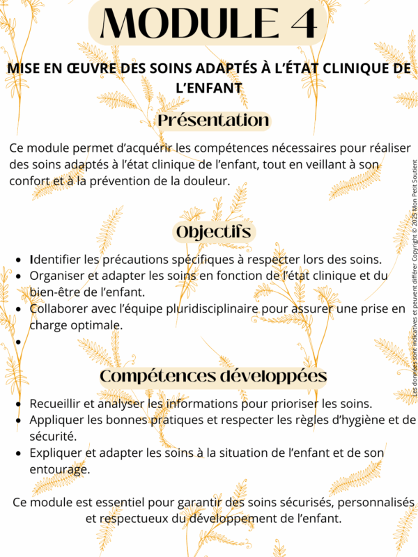 Fiche de révision du Module 4 pour auxiliaires de puériculture : mise en œuvre des soins adaptés à l’état clinique de l’enfant.