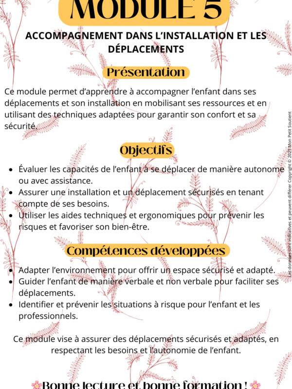 Fiche de révision du Module 5 pour auxiliaires de puériculture : accompagnement de l’enfant dans ses installations et déplacements, avec confort et sécurité.