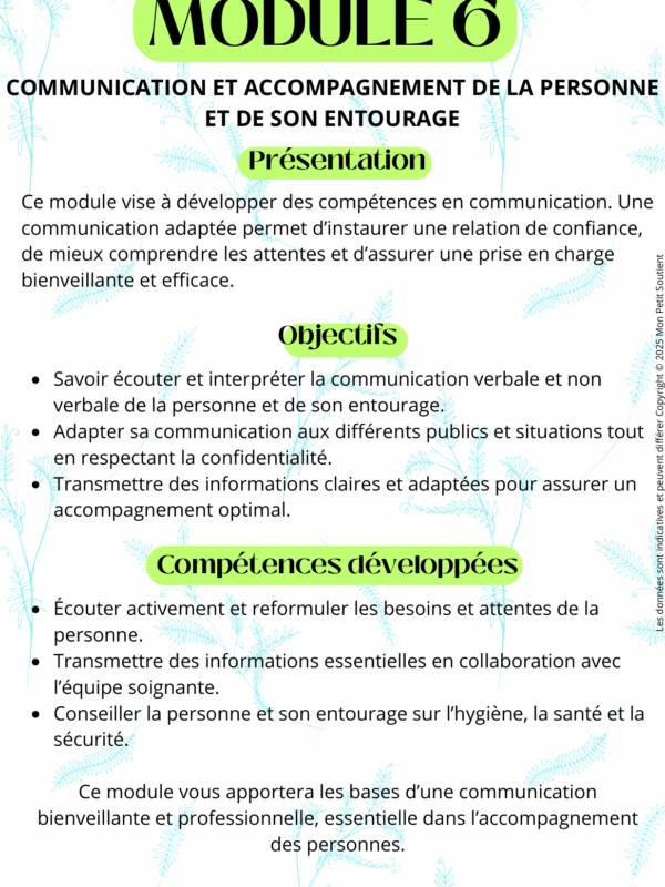 Fiche de révision du Module 6 pour auxiliaires de puériculture : communication et accompagnement de la personne et de son entourage.
