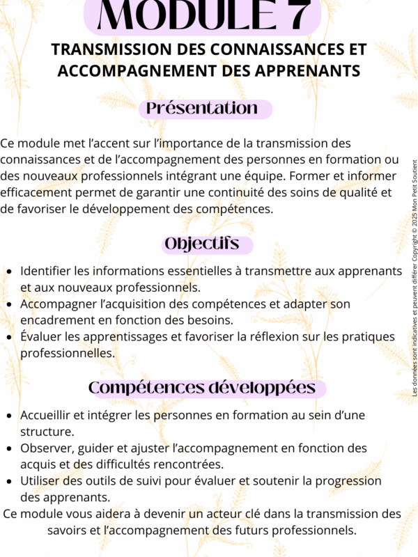 Fiche de révision du Module 7 pour auxiliaires de puériculture : transmission des connaissances et accompagnement des apprenants.