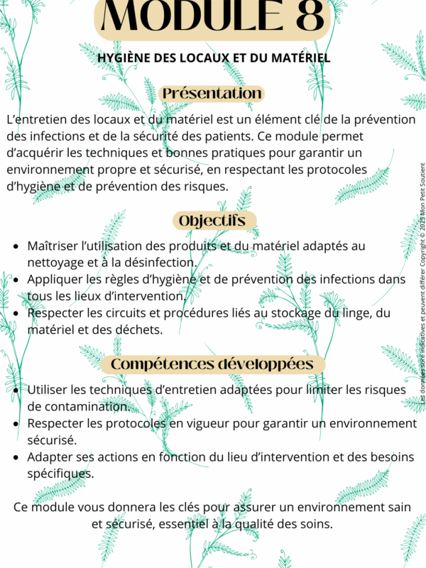 Fiche de révision du Module 8 pour auxiliaires de puériculture : hygiène des locaux, entretien du matériel et prévention des infections.