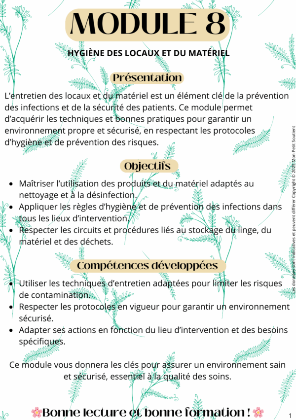 module-8-entretien-hygiene-risques-ap Fiche de révision du Module 8 pour auxiliaires de puériculture : hygiène des locaux, entretien du matériel et prévention des infections.