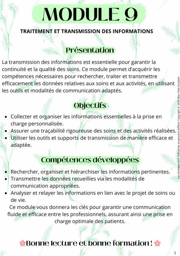 module-9-traitement-transmission-informations-ap Fiche de révision du Module 9 pour auxiliaires de puériculture : traitement, organisation et transmission des informations de santé.