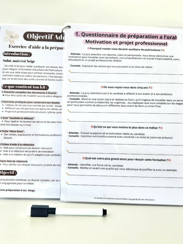 Pack de préparation à l’admission en école d’auxiliaire de puériculture avec fiches plastifiées Objectif Écrit et Objectif Oral.