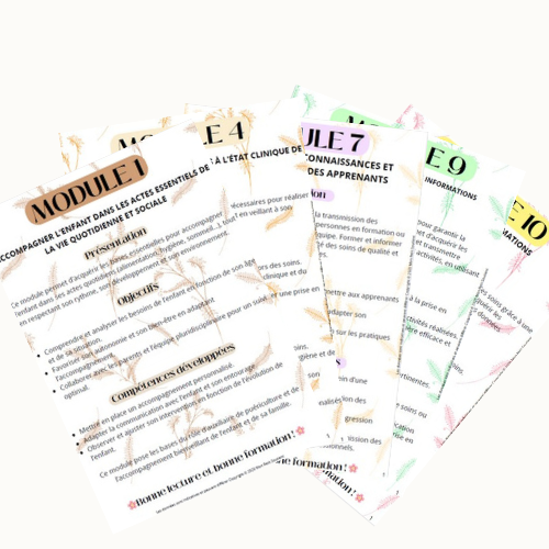 Pack Révision pour auxiliaires de puériculture : ensemble de fiches colorées couvrant les 10 modules de la formation, au format plastifié ou digital.