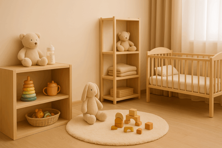 Salle de crèche organisée avec jouets, peluches et lits d’enfants, ambiance douce et chaleureuse.