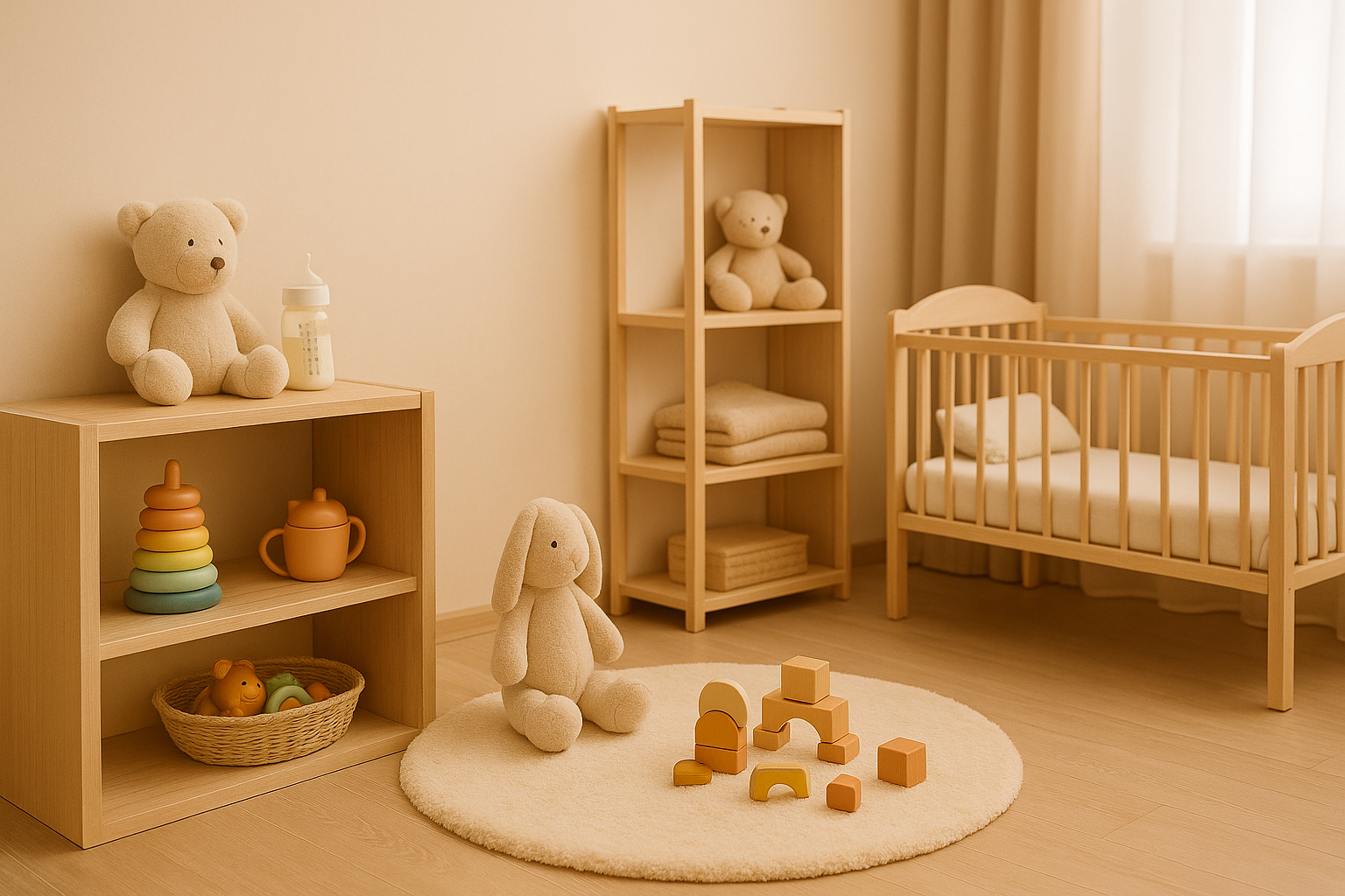 Salle de crèche organisée avec jouets, peluches et lits d’enfants, ambiance douce et chaleureuse.