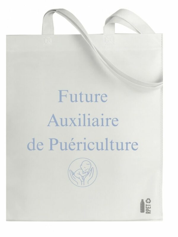 Tote bag blanc avec l’inscription “Future Auxiliaire de Puériculture”, pratique et léger pour transporter cours et affaires d’étudiante AP.
