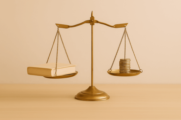 Balance symbolique avec un livre d’un côté et des pièces de l’autre, représentant l’aide financière à la formation d’auxiliaire de puériculture.