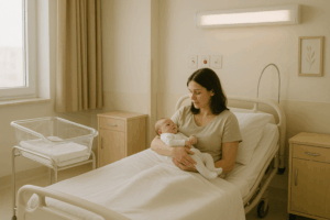 Une jeune maman allongée dans une chambre de maternité moderne, tenant tendrement son nouveau-né dans les bras. Photo douce et naturelle aux tons beige et blanc, illustrant le rôle de l’auxiliaire de puériculture en maternité.