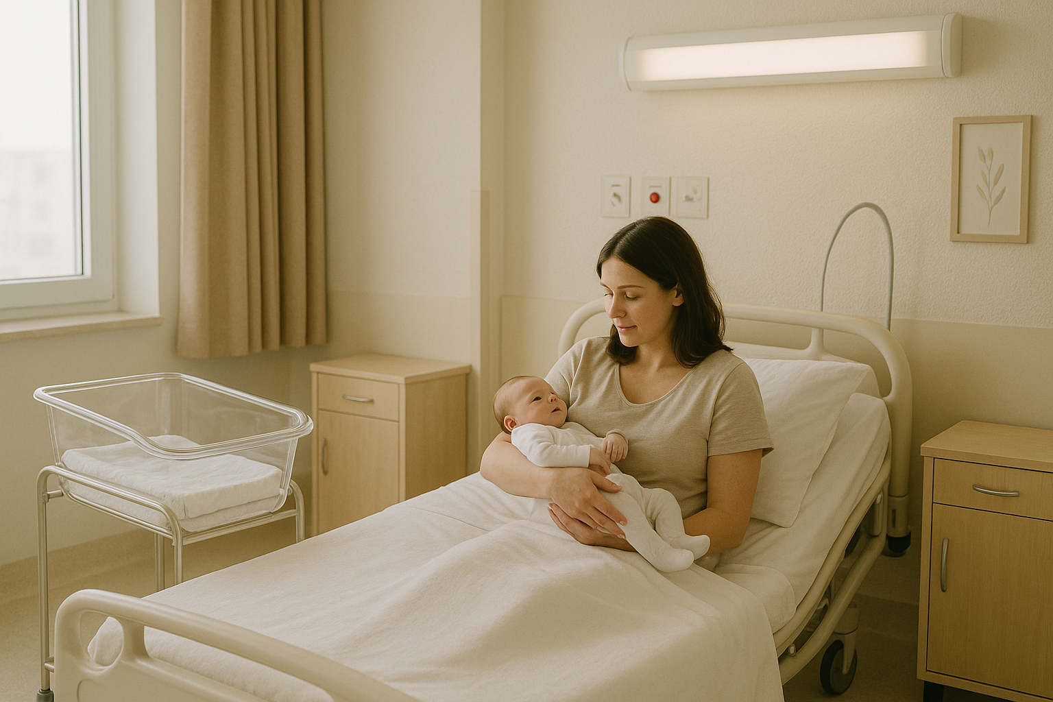 Une jeune maman allongée dans une chambre de maternité moderne, tenant tendrement son nouveau-né dans les bras. Photo douce et naturelle aux tons beige et blanc, illustrant le rôle de l’auxiliaire de puériculture en maternité.