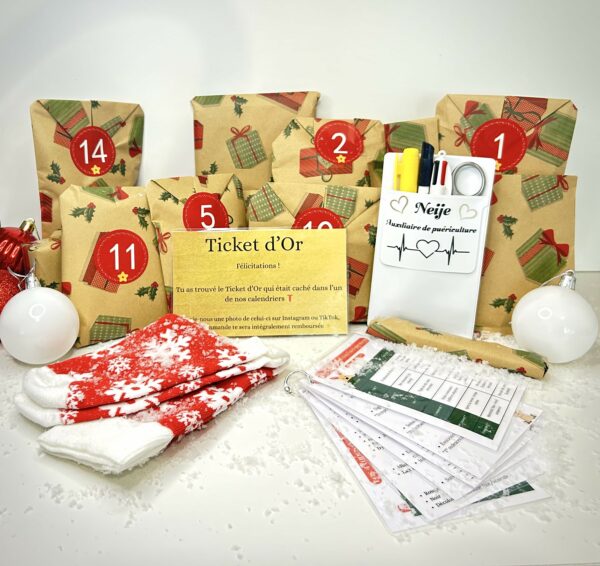 Calendrier de l’Avent – Auxiliaire de Puériculture Calendrier de l’Avent pour auxiliaires de puériculture avec Ticket d’Or, goodies, fiches de révision et accessoires.