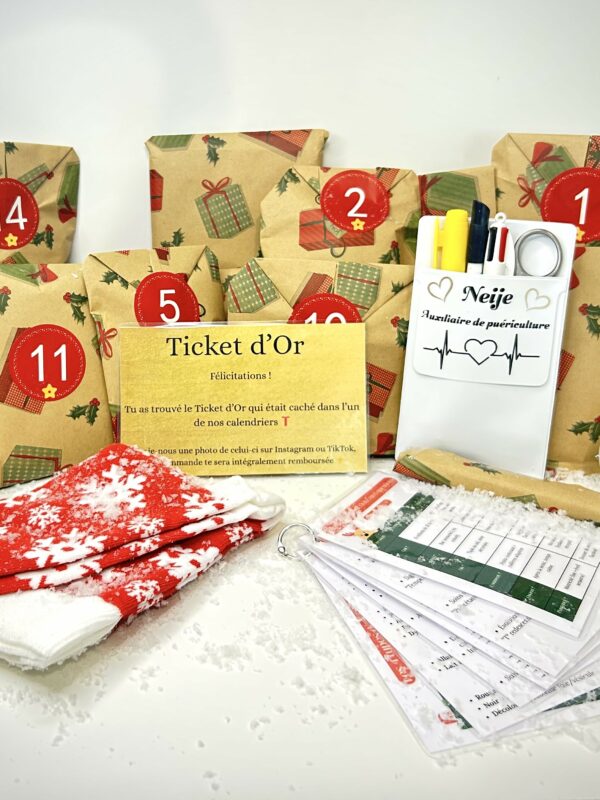 Calendrier de l’Avent pour auxiliaires de puériculture avec Ticket d’Or, goodies, fiches de révision et accessoires.