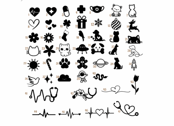 icones-personnalisation-auxiliaire-puericulture-calendrier-avent Icônes personnalisables pour calendrier de l’Avent spécial étudiante auxiliaire de puériculture – 47 modèles : cœur, stéthoscope, chat, chien, flocon, cadeau, fleur, planète, astronaute, serpent, oiseau, empreinte de patte, etc.