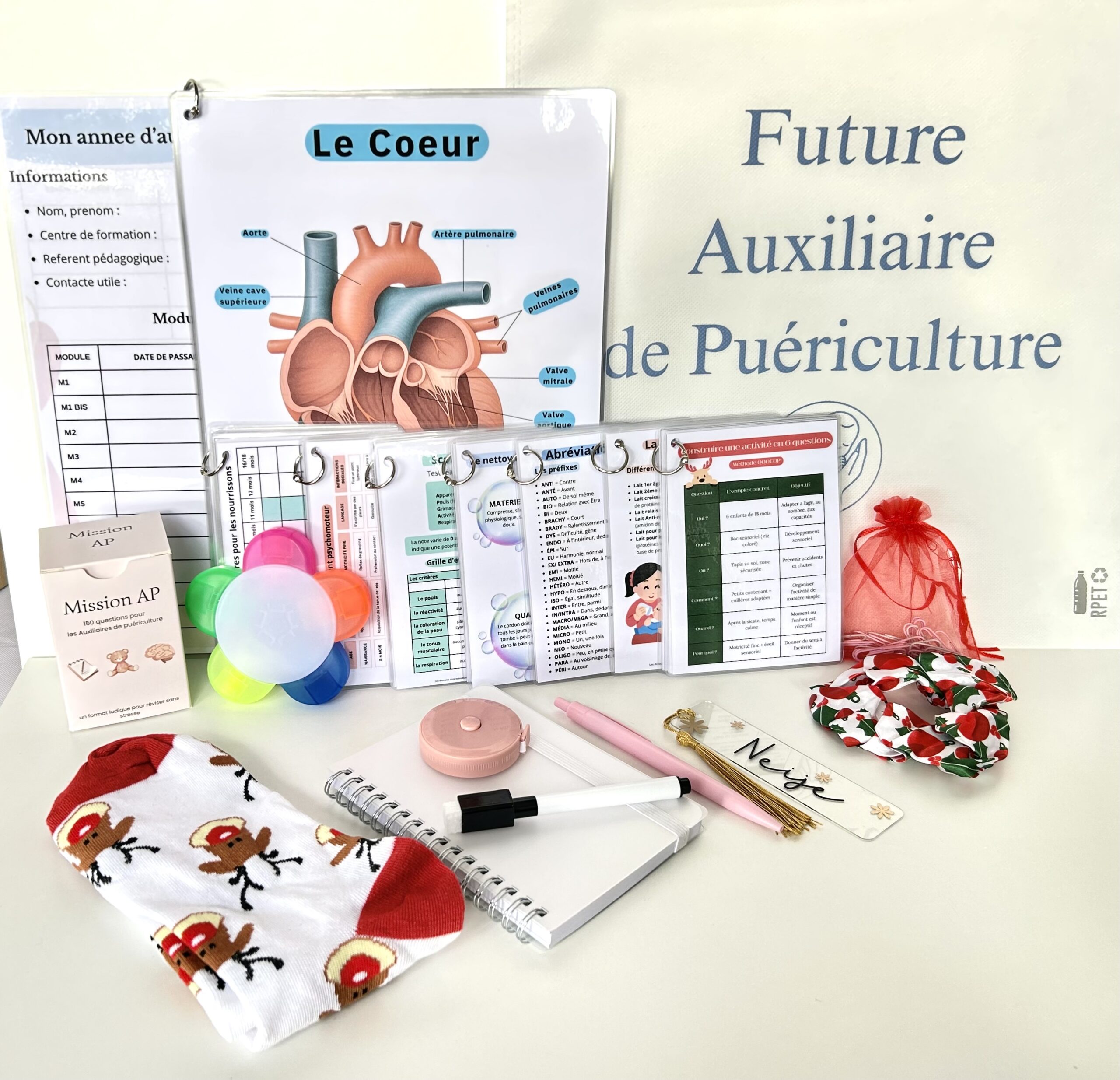 Calendrier de l’Avent pour auxiliaires de puériculture avec Ticket d’Or, goodies, fiches de révision et accessoires.